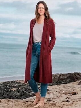 Barefoot Dreams CozyChic Lite Catalina Long Cardigan in Garnet Red size XS